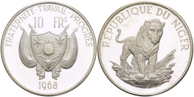 Нигер 10 франков 1968 лев, с чертой над Е, в слове Republique, тираж 1000 экземпляров KM 8.1 серебро PROOF 1080-8-11