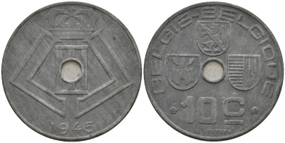 Бельгия 10 сантимов 1945 Belgie - Belgique, Леопольд III (1934-1947), германская оккупация, Вторая мировая война KM 126 цинк 4161-347
