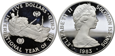 Соломоновы острова 5 долларов 1983 Международный год детей, тираж 5775 экземпляров KM 16 серебро PROOF 1068-1-11