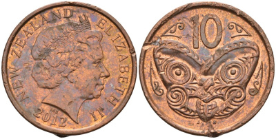 Новая Зеландия 10 центов 2012 маска Маори, Елизавета II (1952-) KM 117а сталь плакированная медью 51-1643