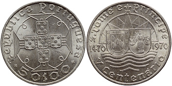 Португальское Сан-Томе и Принсипи 50 эскудо 1970 500 лет открытию Сан-Томе и Принсипи KM 21 серебро 633-532