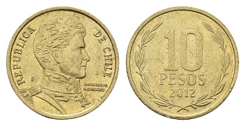 Чили 10 песо 2012 KM 228 никель латунь 4664-439