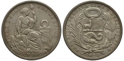Перу 1 соль 1923 KM 218.1 серебро 272-643