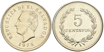 Сальвадор 5 сентаво 1975 год тип, Франсиско Морасан KM 149 медно-никель UNC M25-08