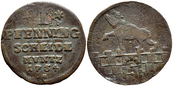 Ангальт-Бернбург 1 пфенниг 1754 KM 25.1 медь 84-432