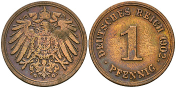 Германия 1 пфенниг 1902 G, Вильгельм II (1888-1918) KM 10, J. 10 медь 1524-713