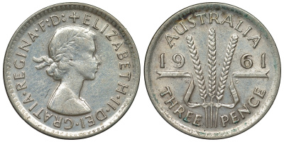 Австралия 3 пенса 1961 m, Елизавета II (1952-2022) KM 57 серебро 71-819