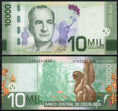 Коста-Рика 10000 колонов 2014 Хосе Фигерес Феррер, трехпалый ленивец Pick 277 b  бумага  UNC (пресс) 451-544-2