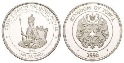 Тонга 1 паанга 1996 Королева мать - Коронация Елизаветы II KM 177 серебро PROOF 1091-4-62