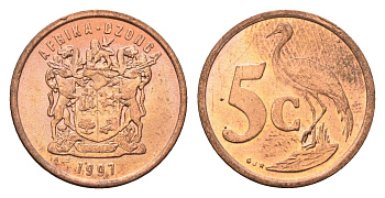 ЮАР 5 центов 1997 герб, райский журавль KM 160 сталь плакированная медью UNC 4687-217