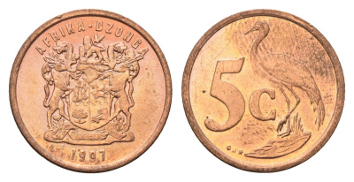 ЮАР 5 центов 1997 герб, райский журавль KM 160 сталь плакированная медью UNC 4687-217