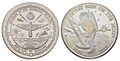 Маршалловы Острова 5 долларов 1989 20 лет Первой посадке людей на Луну, в запайке KM 13 медно-никель PROOF 11-136-31