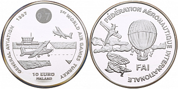 Финляндия 10 евро 1997 FIO, Международная федерация аэронавтики, первые воздушные игры серебро PROOF 1068-3-21