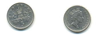 Великобритания 5 пенсов 1990 Елизавета II (1952-2022) KM 937b, Spink 4372 (D4) медно-никель 59-642