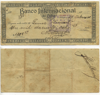 Куба чек именной № 247 1920 МЕЖДУНАРОДНОГО БАНКА КУБЫ, ВЫПИСАН 28 февраля 1920 года, НА СУММУ 1208 ПЕСО 89 СЕНТИМО, С ОТМЕТКОЙ О ГАШЕНИИ   бумага   504-34-1-1