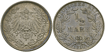 ГЕРМАНИЯ 1/2 МАРКИ 1918 E J. 16, KM 17 серебро UNC 65-313