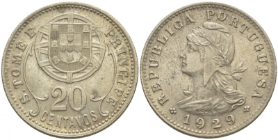 Португальское Сан-Томе и Принсипи 20 сентаво 1929 год тип KM 3 никель бронза aUNC 413-1944