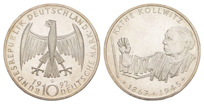 ФРГ 10 марок 1992 G, 125 лет со дня рождения Кете Кольвиц KM 178 серебро UNC 4634-1023
