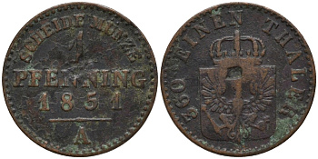 Пруссия 1 пфенниг 1851 A, Фридрих Вильгельм IV (1840-1861) KM 451 медь 4549-732