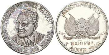 Нигер 1000 франков 1960 ESSAI, президент Амани Диори, независимость KM E6 серебро PROOF 11-244-35