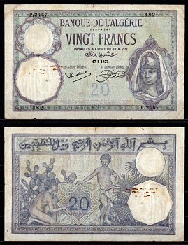 Алжир 20 франков 1927 Pick 78 b бумага 7217-43-2-2