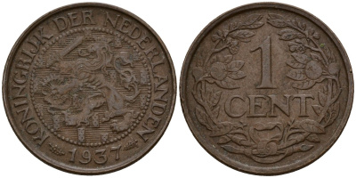 Нидерланды 1 цент 1937 Вильгельмина I (1890-1948) KM 152 бронза 4154-917