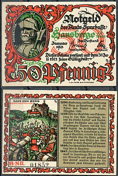 Германия, Хаусберге 50 пфеннигов 1921 нотгельд, историческая серия, барон разбойник Grabowski 585.1.a  бумага  UNC (пресс) 444-91-1-2