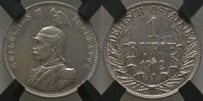 Немецкая Восточная Африка (Танзания) 1 рупия 1912 J, Ost-Africa, Вильгельм II (1888-1918), в слабе RNGA AU DETAILS Jaeger 722, KM 10 серебро    15-011-05