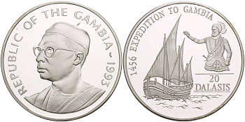 Гамбия 20 даласи 1993 Генрих Мореплаватель, парусник, тираж 15000 экз. KM 34 серебро PROOF 00-000-00