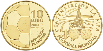 Франция 10 евро 2004 100 лет FIFA, Чемпионат мира по футболу, Эйфелева башня KM 1375 золото PROOF 00-000-00