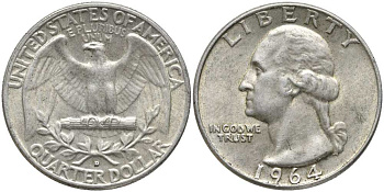США 25 центов (квотер) 1964 Вашингтон KM 164 серебро 113-521