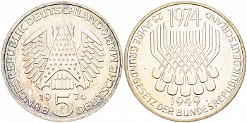ФРГ 5 марок 1974 F, 25 лет со дня принятия конституции ФРГ KM 138, J.413 серебро PROOF 1087-3-12