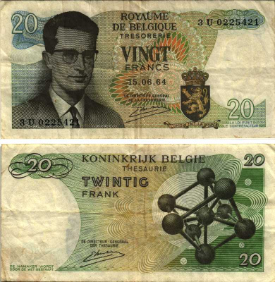 Бельгия 20 франков 1964 Бодуэн I, атомиум, Kestens Pick 138 (3) бумага 7219-17-2-2