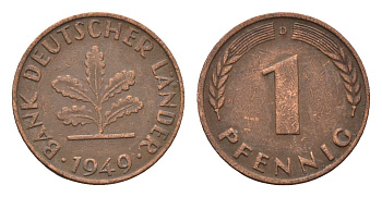 ФРГ 1 пфенниг 1949 D KM A101, J. 376 сталь плакированная медью 4685-341