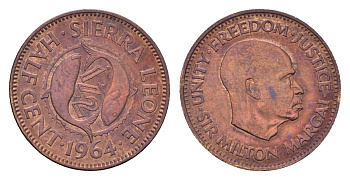 Сьерра-Леоне 1/2 цента 1964 Милтон Маргаи, год-тип KM 16 бронза 4682-569
