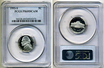 США 5 центов 1993 S, президент Джеферсон, в слабе PCGS PR69CAM KM А192 медно-никель PROOF 15-003-14