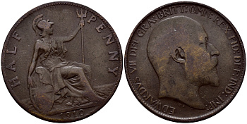 Великобритания 1/2 пенни 1910 Эдуард VII (1901-1910) KM 793.2, Spink 3991 бронза 60-212