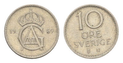 Швеция 10 эре 1969 U, Густав VI Адольф (1950-1973) KM 835 медно-никель 4685-1132