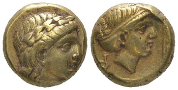 о-в Лесбос, Митилена гекта (1/6 статера) 377-326 гг. до н.э. голова Аполлона/голова Артемиды, 2,54 гр, ex. Kuenker 2011 год Bodenstedt 100A электр 00-000-00