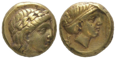 о-в Лесбос, Митилена гекта (1/6 статера) 377-326 гг. до н.э. голова Аполлона/голова Артемиды, 2,54 гр, ex. Kuenker 2011 год Bodenstedt 100A электр 00-000-00