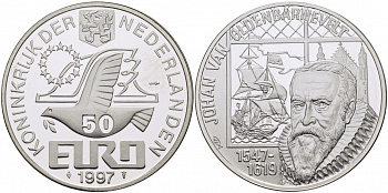 Нидерланды 50 евро 1997 Йохан ван Олденбарневелт (1547-1619), парусник серебро PROOF 1077-4-31