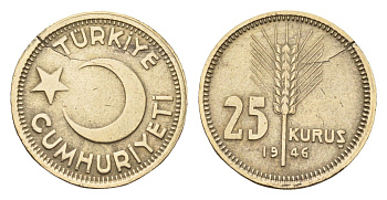 Турция 25 курушей 1946 KM 880 никель латунь 44-353