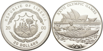 Либерия 20 долларов 2000 XXVII Олимпийские игры В СИДНЕЕ, ГРЕБЛЯ НА БАЙДАРКЕ KM 736 серебро PROOF 00-00
