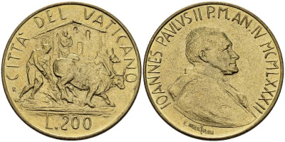 ВАТИКАН 200 ЛИР 1982 ГОД IV, ИОАНН ПАВЕЛ II (1978-2005), КРЕСТЬЯНСКИЙ ТРУД, ЗЕМЛЕПАШЕЦ НА БЫКАХ KM 165 алюминиевая бронза 4519-321