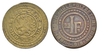 Бельгия, Гент 1 франк 1915 KM Tn2 железо плакированная латунью 1528-1225