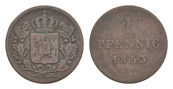 Бавария 1 пфенниг 1853 Максимилиан II (1848-1864) KM 797 медь 4649-459