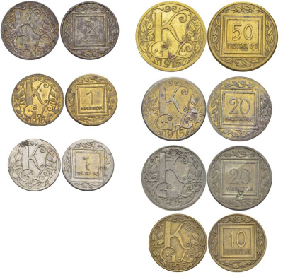 АВСТРИЯ ЛОТ ИЗ 7 МОНЕТ (1, 1, 2, 10, 20, 20, 50 ГЕЛЛЕРОВ) 1915 ЛАГЕРНЫЕ ДЕНЬГИ, ЛАГЕРЬ ДЛЯ РУССКИХ ВОЕЕНОПЛЕННЫХ ФРАЙШТАДТ (Freistadt O.O.) ( (Oberosterreich) ВЕРХНЯЯ АВСТРИЯ), БУКВЫ KGL АБРЕВИАТУРА Kriegsgefangenenlager, НОТГЕЛЬДЫ, 1, 2, 20 ГЕЛЛЕРОВ МА