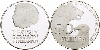 Нидерланды 50 гульденов 1982 голландско-американская дружба, королева Беатрикс KM 207 серебро PROOF 02-090-42