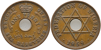Нигерия 1 пенни 1959 Елизавета II (1952-), Британский протекторат KM 2 бронза 51-2113