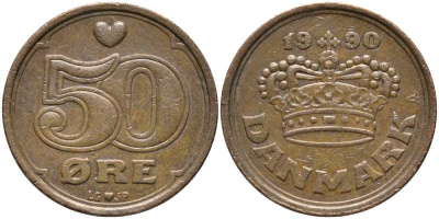 Дания 50 эре 1990 Маргрете II (1972- ) KM 866.2 бронза 113-752